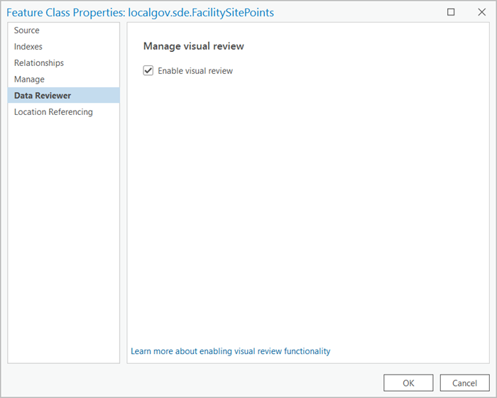 Feature Class Properties dialog box with the Data Reviewer tab active and Manage visual review settings Feature Class Properties dialog box with the Data Reviewer tab active and Manage visual review settings